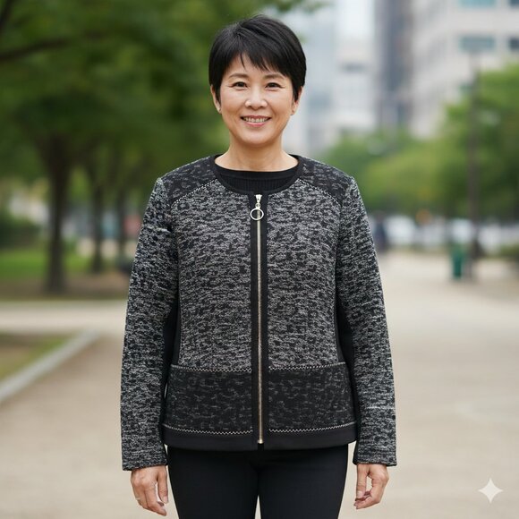 Chico's Black White Knit Animal Print Jacket Size 2 (L) Jacquard Full Zip - Picture 1 of 10